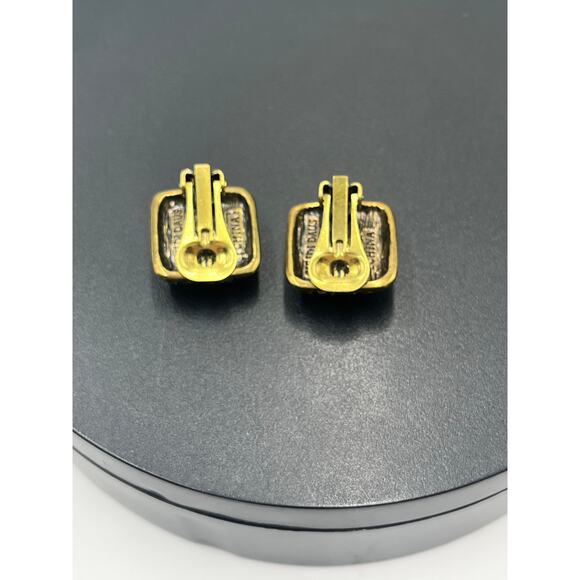 Heidi Daus Vintage Black Enamel Sparkling Yellow Crystal Center Clip On Earrings - Picture 9 of 9